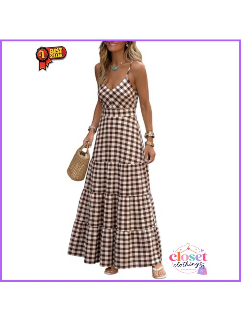 Womens Gingham Plaid Maxi Dress Flowy Spaghetti Strap Sundress